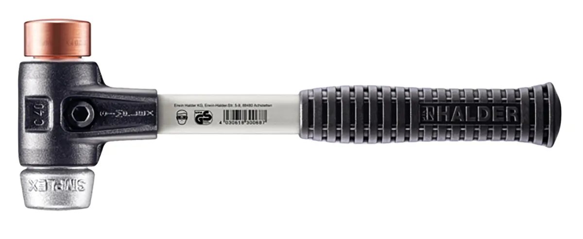 SIMPLEX-Schonhammer D=40 mm, Kupfer / Weichmetall; mit verstärktem Tempergussgehäuse und Fiberglasstiel 0